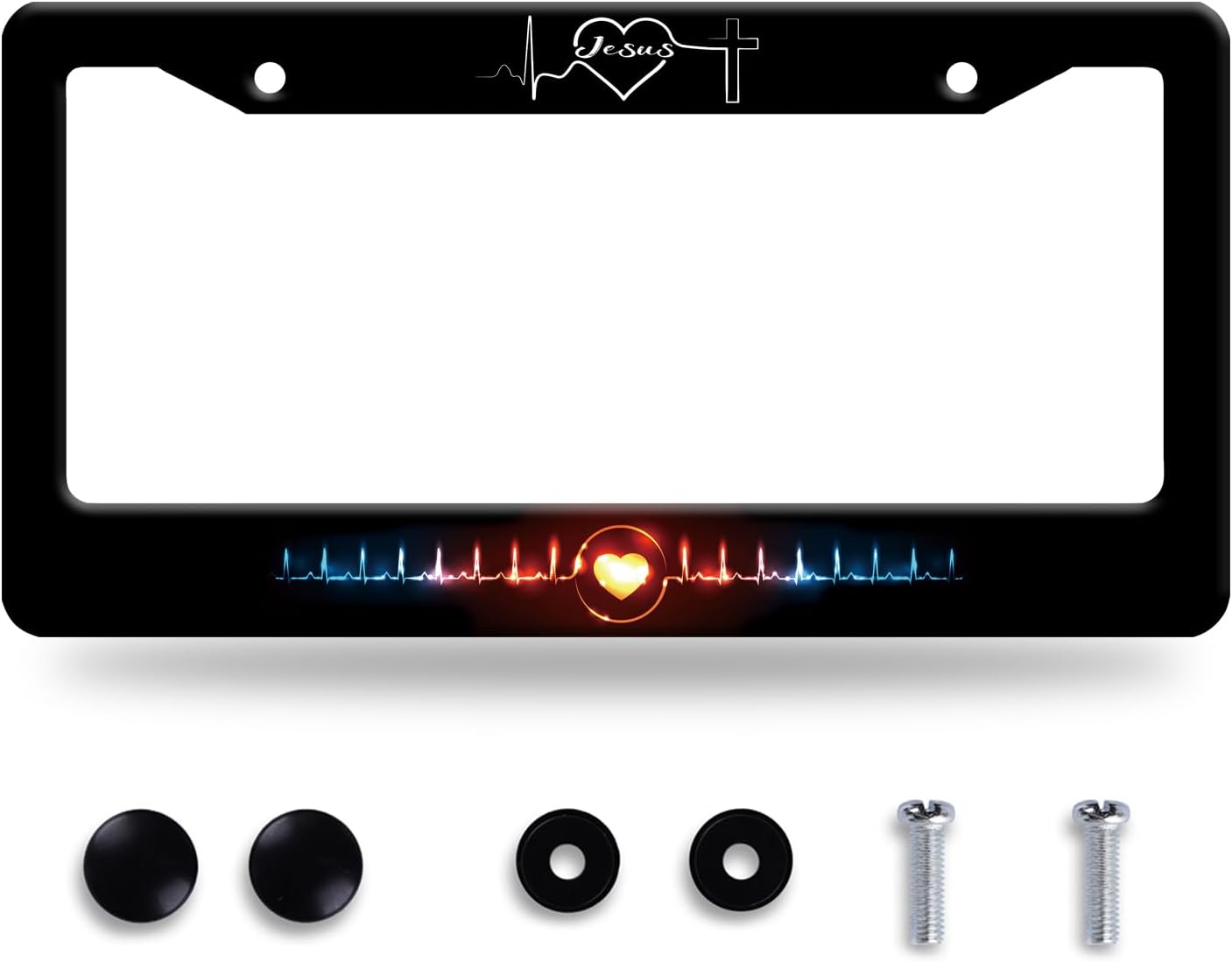 Jesus Heart Rate line License Plate Frame Christian Religious License Plate Frames Stainless Steel Accessories Cars Decor with 2 Holes and Screws Fits Standard US CA Vehicles Size 12.2 x 6 Inches
