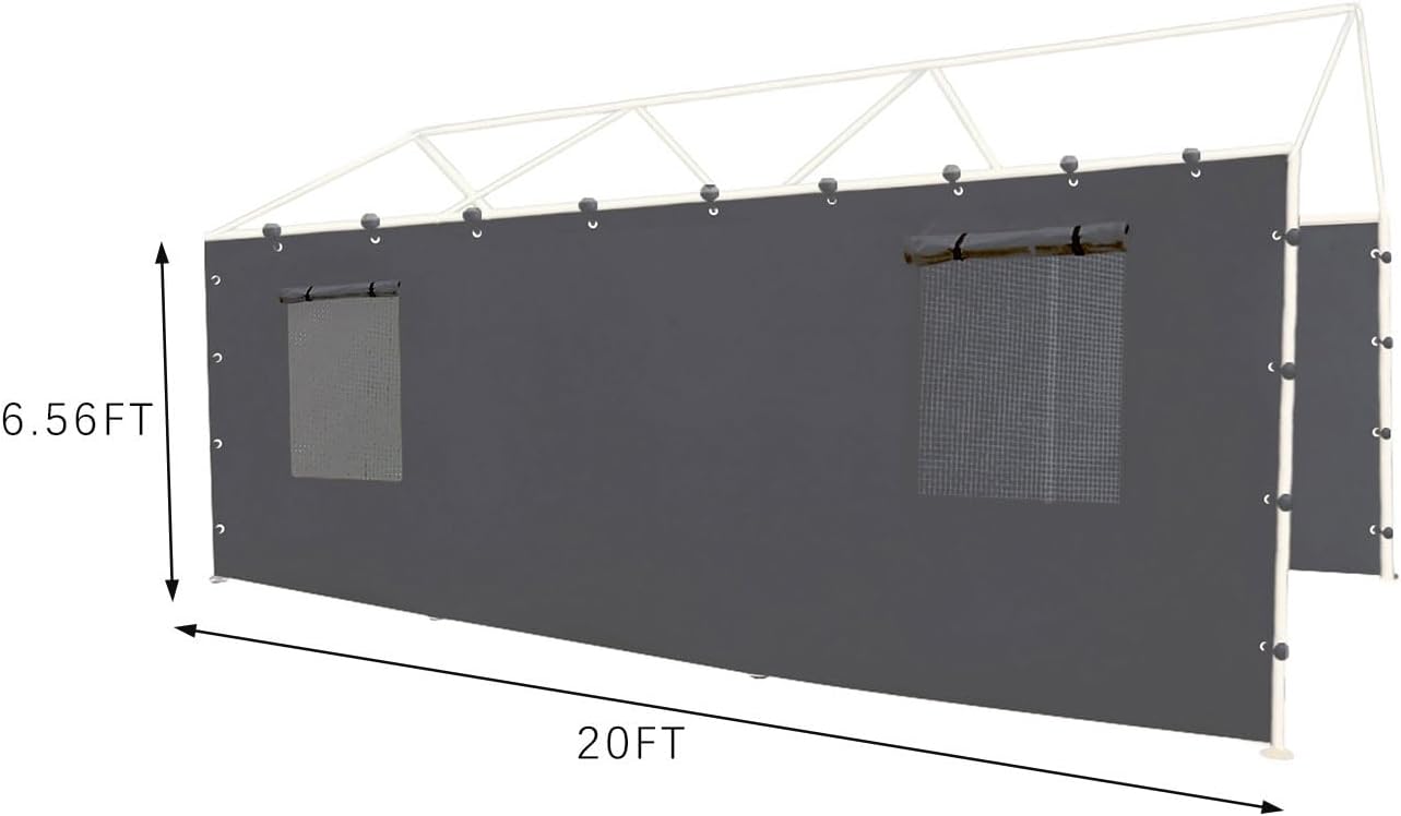 Sidewall Panel with Mesh Windows and Elastic Ball Bungees, for 10x20 FT or 12x20 FT Garage Party Tent Shelter - Gray, One Sidewall Panel Only