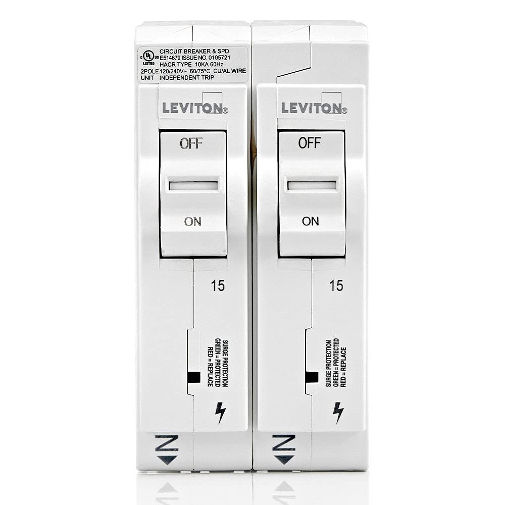Leviton Surge Protective Device with Two 15A 1-Pole Plug-On Standard Branch Circuit Breakers, Hydraulic Magnetic, 120/240 VAC, LSPD1, White
