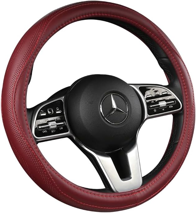 Cowhide Steering Wheel Cover Heat Resistant Anti-Slip Car Wheel Wrap Compatible with Most Makes and Models of Cars and Trucks with 14.5 to 15 Inch Steering Wheel(RED)