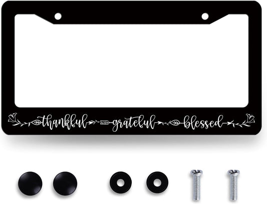 Thankful Grateful Blessed License Plate Frame Christianity License Plate Holder Funny License Plate for Belief Car Decoration Stainless Steel Car Accessory with Screws Men Women 12.3" x 6.3"