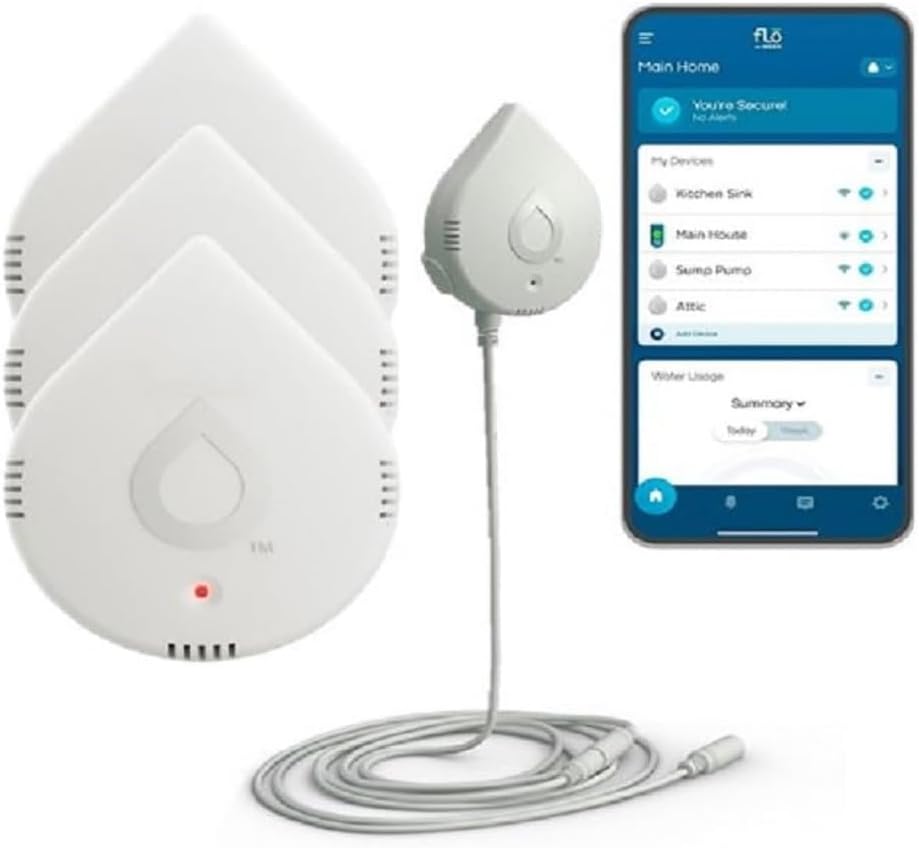 Moen 920-005 Flo Smart Water Leak Detector, White, 3-Pack with 3-Pack 6-Foot Leak Sensing Cable