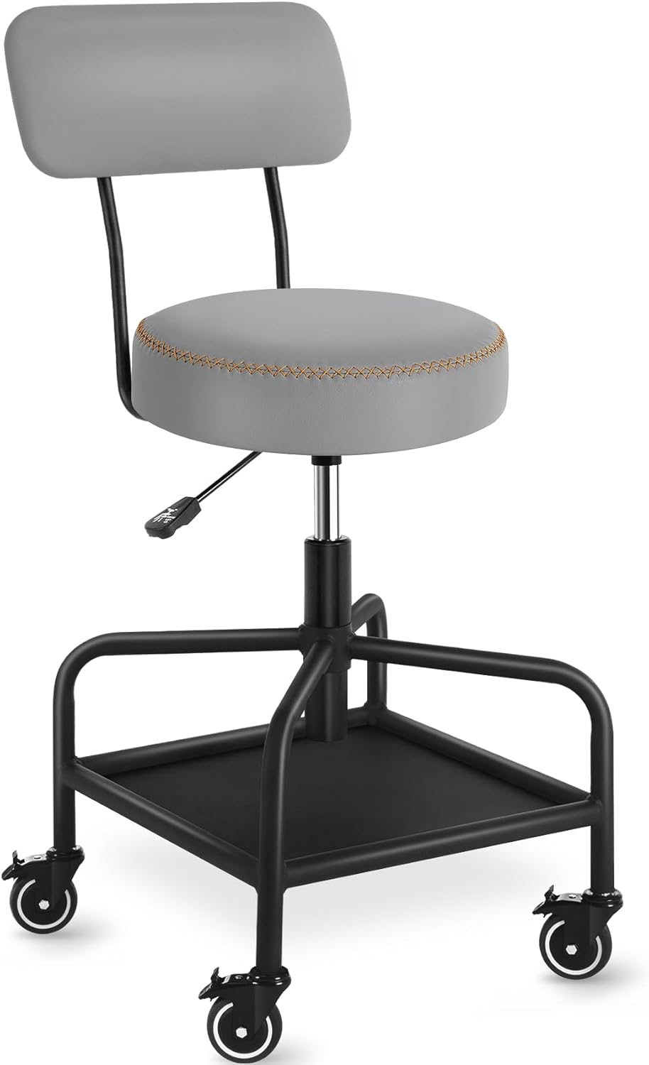 Shop Stool with Lockable Rubber Wheels Adjustable Backrest Tool Tray Storage 400 lb Capacity Rolling Garage Stool (Grey)