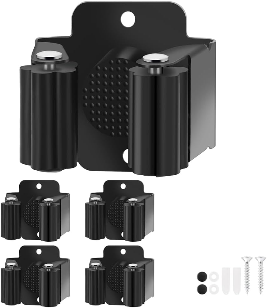 Broom Holder Wall Mount, 4PCS Broom Hanger Wall Mount, Stainless Steel Heavy Duty Mop Holder Broom Mop Hanger Wall with Screws, Garden Outdoor Tool Organizer Rack Broom Hanger (Black)