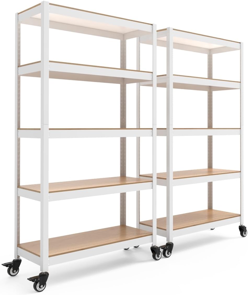 HOMEDANT House White 5-Tier Metal Rolling Cart Shelf Rack Casters Heavy Duty Wheel Shelving Unit Adjustable Utility Storage Shelves Organizer Shelf Kitchen Garage 36.2" W x 16.5" D x 69.5" H 2Pack