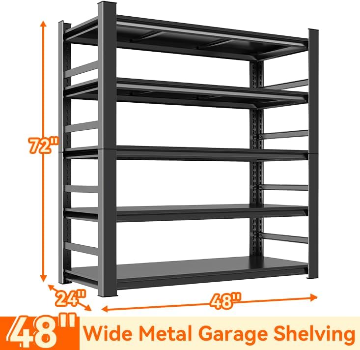 Garage Shelving, 72" H × 48" W Heavy Duty Metal Shelving - Easy to Assemble, Adjustable 5-Tier Storage Shelves, Double-Thickened Columns, 3000 lbs Capacity, for Garage, Pantry Storage, Black
