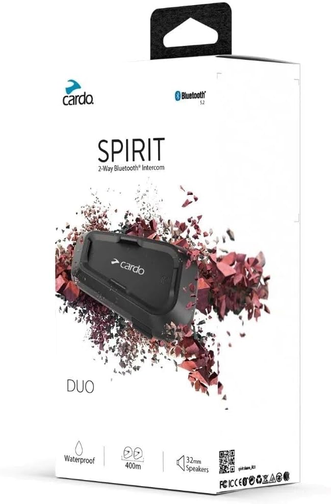 Cardo Systems Spirit Motorcycle Bluetooth Communication Headset, 2-Way Bluetooth, Thin 32mm Speakers, Waterproof, Universal Connectivity - Single Pack