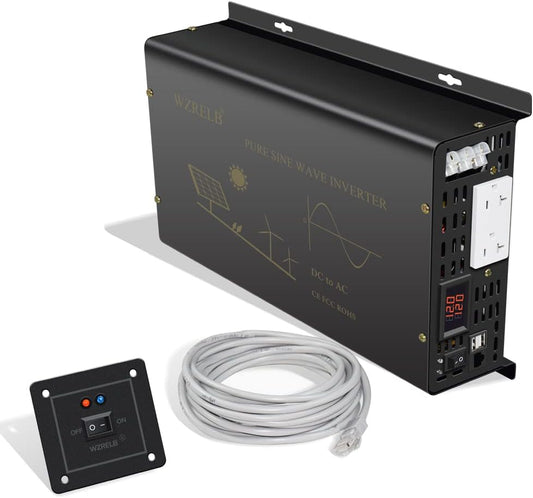 WZRELB Pure Sine Wave Power Inverter 3000W 12VDC to 120VAC 6000W Peak Dual AC Outlets &2× 2.4A USB Port &Hardwire Terminal with 16ft Remote Conrtol Off-Grid Solar Converter RV Trucks (VC300012U5WD-1)