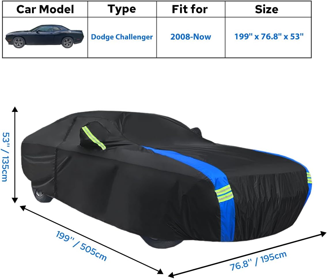 Avecrew Dodge Challenger Car Cover Waterproof All Weather for Automobiles, Outdoor Full Exterior Covers Fit 2008-2025 Dodge Challenger with Windproof Strap and Driver Door Zipper