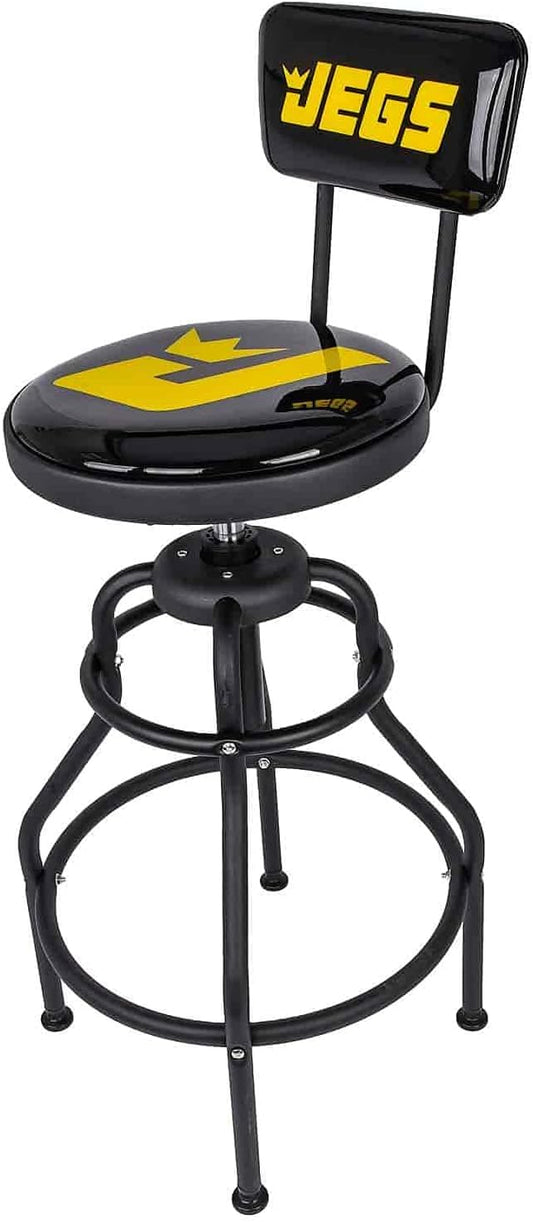 JEGS Hydraulic Shop Stool with Backrest - Adjustable Height (28" to 32.5") & 360 Degree Swivel - Vinyl Padded Seat & Backrest - Heavy Duty - Up to 300lb Capacity