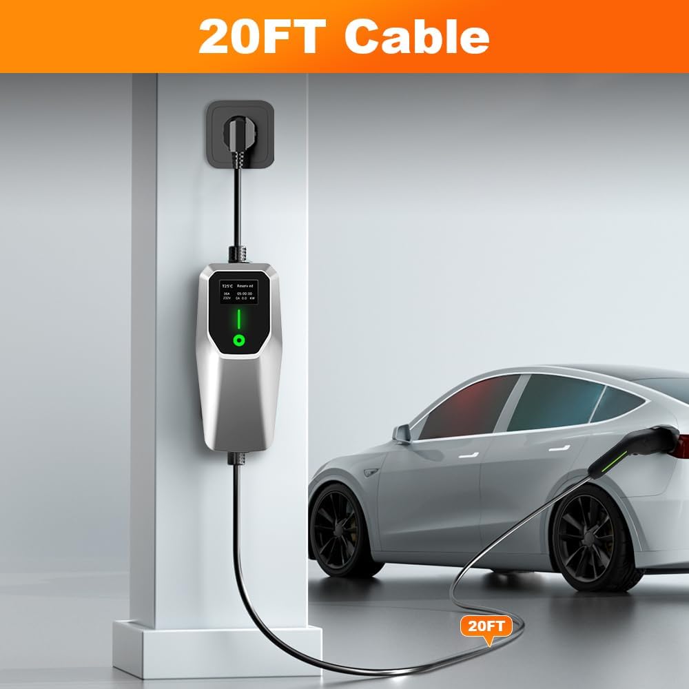 Level 1&2 EV Charger 32Amp 110V-240V with 20FT Cable, Portable Home Charger NEMA 14-50 5-15 Plug for All SAE J1772 Electric Cars