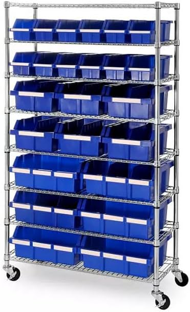 Heavy-Duty Steel Wire Shelving Storage Unit, 24-bin Rack with Wheels (Blue)