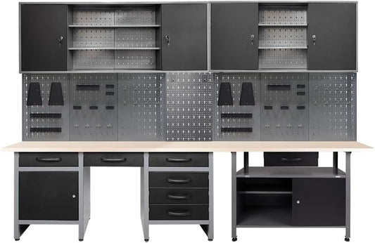 JZD Metal Storage Organization System, Wall Mount Tool Cabinets, Wood Tabletop, for Garage Basement