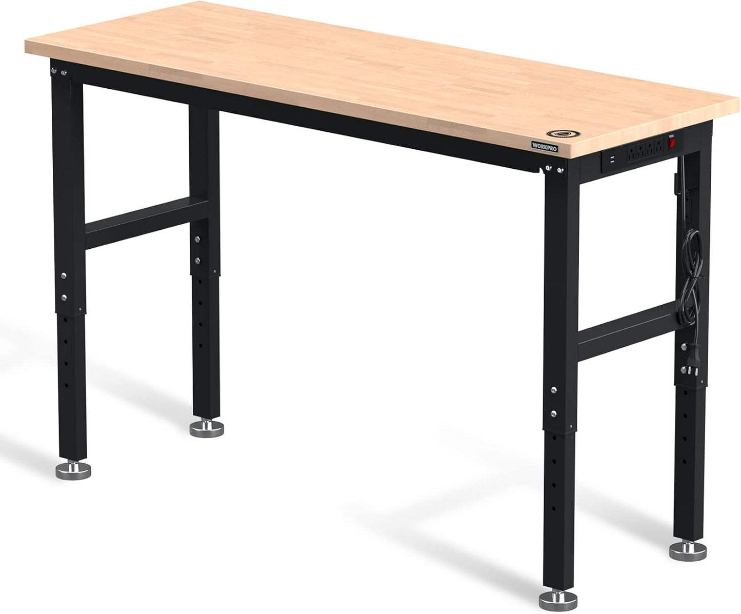 WORKPRO 60" Adjustable Workbench, Rubber Wood Top Heavy-Duty Workstation, 2000 LBS Load Capacity Hardwood Worktable with Power Outlets, for Workshop, Garage