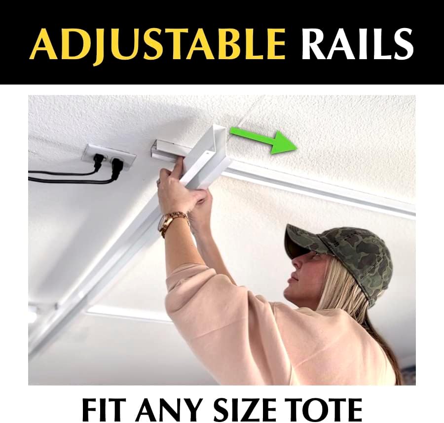 Tote Slide PRO – Made in USA | Heavy-Duty Alloy Steel Overhead Rack – Organize Up to 15 Storage Tote Bins on Garage Ceiling – 88” x 80” x 3.5”, White – Space-Saving Design