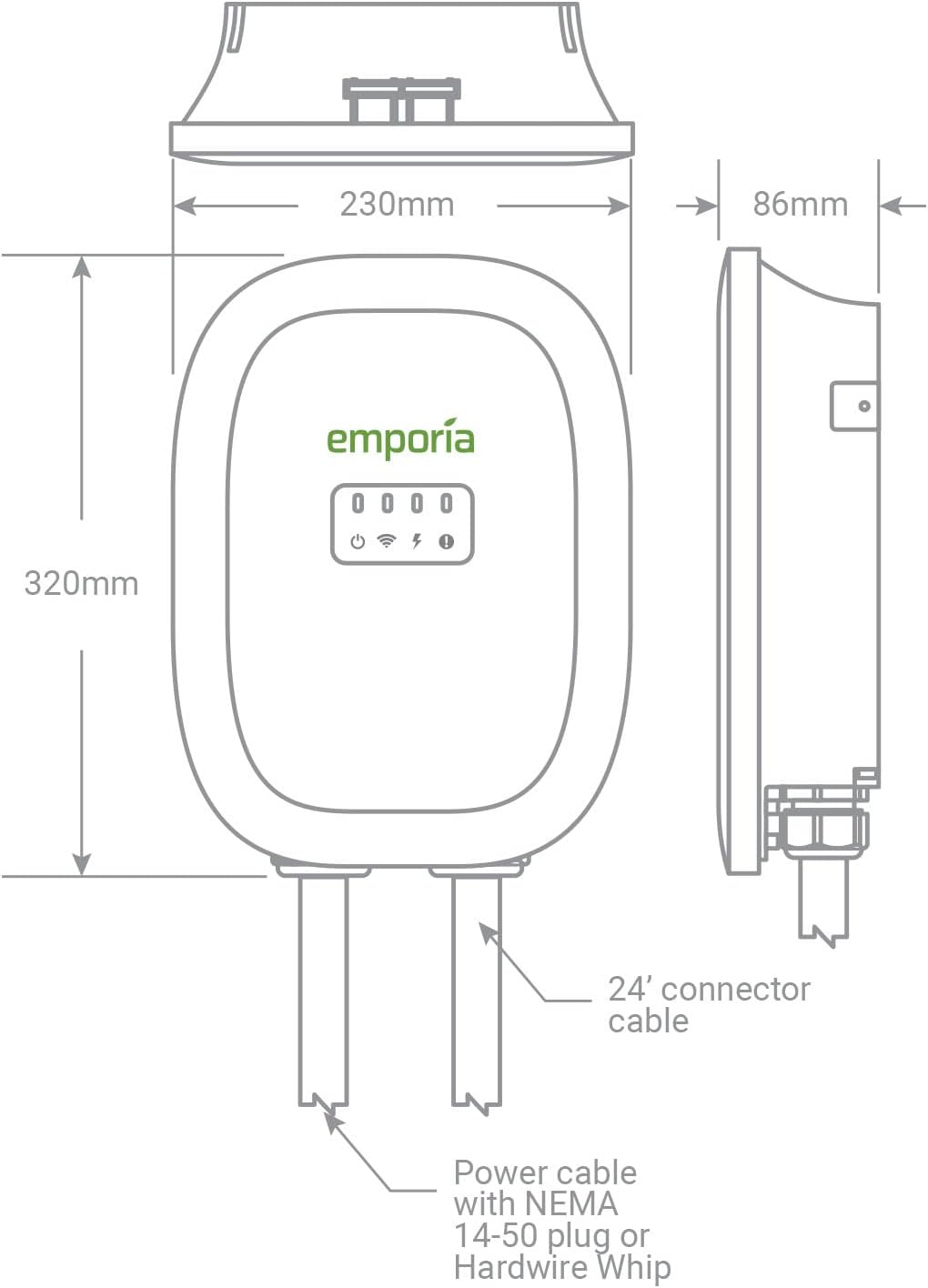 EMPORIA Level 2 EV Charger w/ J1772 Charger, 48 amp, Preconfigured for Hardwired Install with Whip, WiFi Enabled EVSE Level 2 Charger, 24ft Cable, White