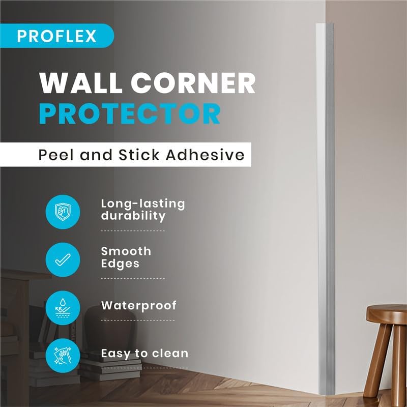 Proflex Wall Corner Protector - Pack of 6 Self Adhesive Corner Guards for Walls Edge Protection - 2 inch x 36 inch, Brushed Aluminum – Easy to Apply – No Tools Needed