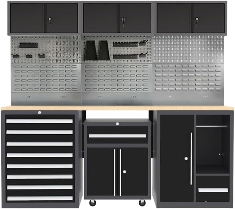 Garage Tool Storage Cabinet System with Wooden Tabletop, for Workshop Auto Repair Shop, No Wall Mounting Needed
