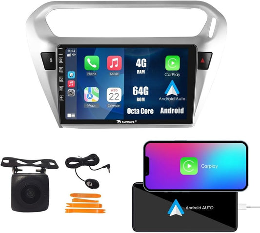 Kunfine Car CarPlay Android Auto Navigation Stereo GPS Radio Reverse Camera Display 9" IPS Touchscreen Headunit Tablet Pad Media Player For Peugeot 301 2013-2022, if Applicable Octa Core 4G+64G Silver