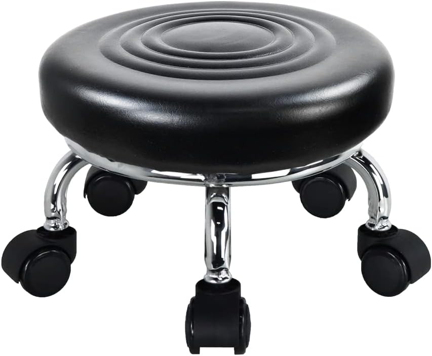 Modern Roller Seat PU Leather Low Round Rolling Stool 360 Swivel Small Stool with Universal Caster Wheels for Home Office, Garage, Shop, Fitness, Sport (H: 8.4' Black)