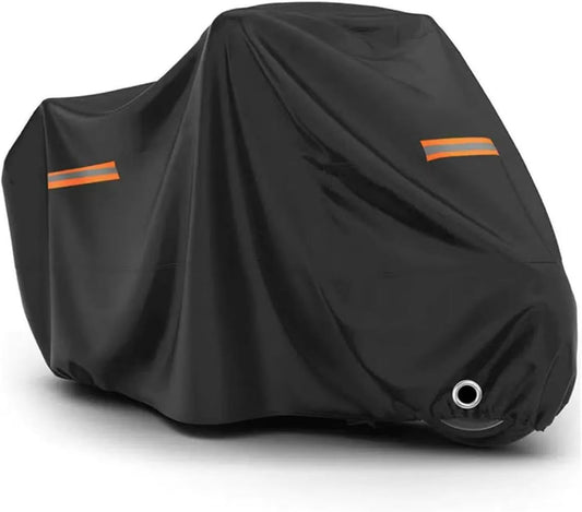 Motorcycle Cover, 210D Oxford Cloth, with Reflective Stripes, Waterproof Outdoor Protection, All-Weather Universal car Cover, with Lock Holes and Storage Bag. (All Black, 96.5")