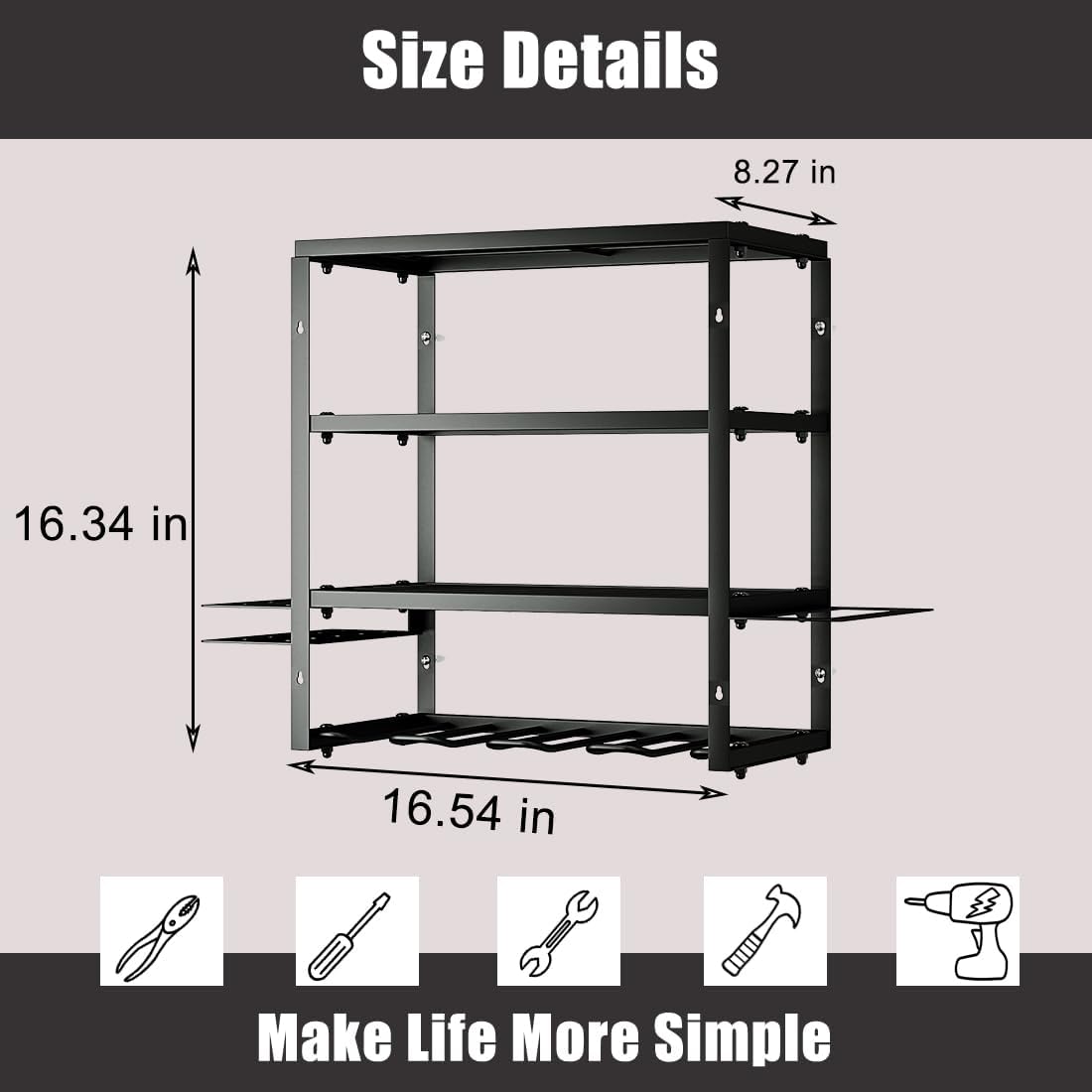 AZERPIAN Tool Organizer Heavy Duty Power Wall Mount for Drill and Cordless Tools Heavy Duty Rack for Garage Organization Workshop Pegboard (3 Layers 4 Slots)