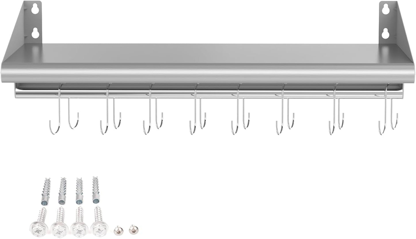 Skyflame Stainless Steel Floating Shelving with 8 Hooks, 12” x 48” Wall Mounted Commercial Shelves for Restaurant, Kitchen, Home, Hotel and Bar
