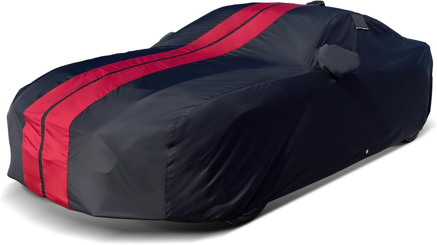 iCarCover Custom Car Cover for Pontiac Fiero GT Fastback (1985-1988) Waterproof All-Weather Rain Snow UV Sun Protector Full Exterior Indoor Outdoor Car Cover (Stripe - Black/Red)