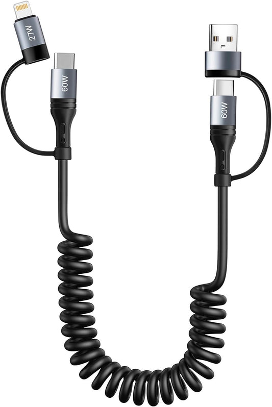 Coiled Lightning Cable [2Pack 4FT] 4 in 1 Multi Charging Cable 60W Fast Charging Retractable Charger Cord for iPhone 15/14/13/12/11 Pro Max/XS MAX/XR/XS/X/8/7/6 Plus/iPad/AirPods/MacBook/CarPlay (1)