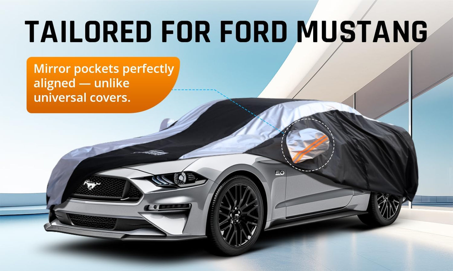 Mustang Car Cover Waterproof All Weather with Silver Strip Design, Custom Fit for Ford Mustang 1994–2025, Mustang Accessory with Door Zipper & Windproof Straps
