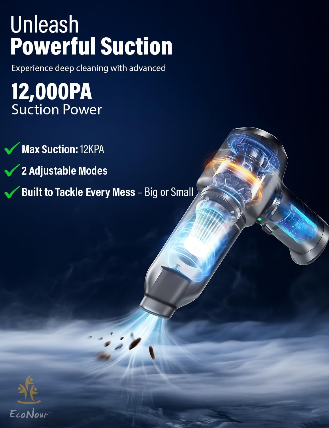 EcoNour Cordless Handheld Car Vacuum Cleaner | 120W Power, Dual Battery & 12000Pa High Power Mini Vacuum for Car Detailing | Rechargeable Dust Buster, Portable Handheld Vacuum for Home & Pet Hair