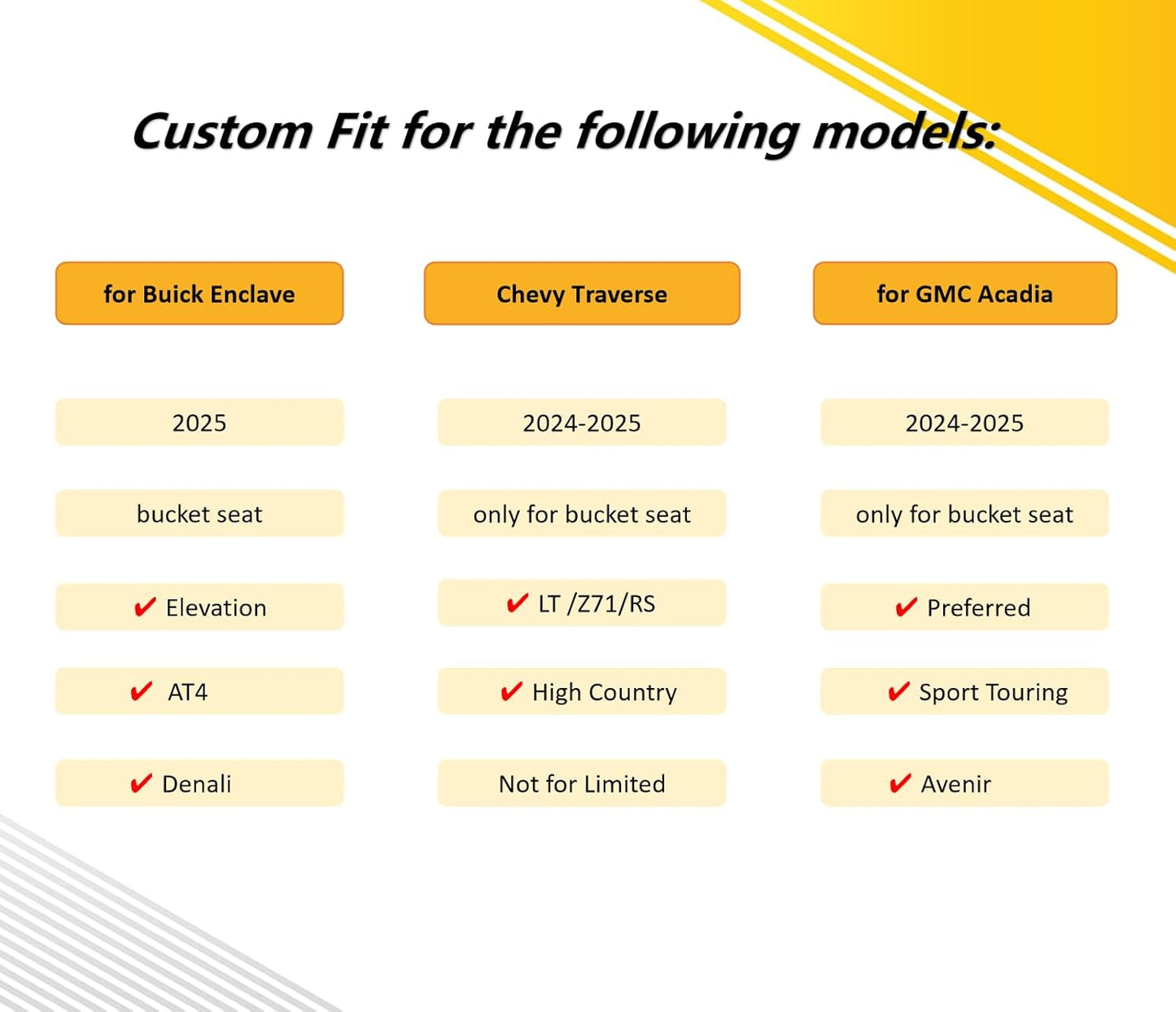 Binmotor-Floor Mats & Cargo Liner Set for Buick Enclave 2025丨for GMC Acadia & Acadia Denali 2024-2025(Only Buick Seat-7 Seats) 丨 for Chevy Traverse 2024-2025(Only Buick Seat-7 Seats)