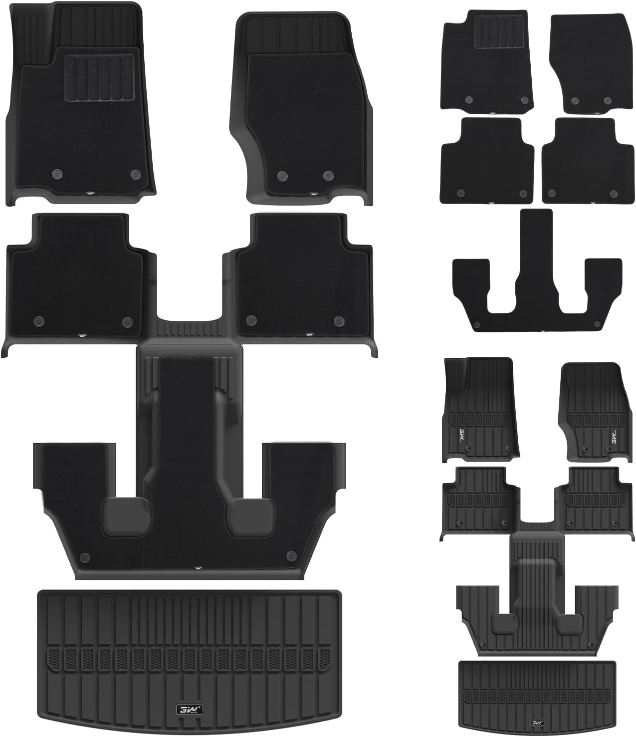 3W Floor Mats & Cargo Liner – Full Set (1st, 2nd & 3rd Row with Carpet) for Jeep Grand Cherokee L 2021-2025(Only for 6 Seat), Custom Fit TPE, All-Weather Waterproof,Black