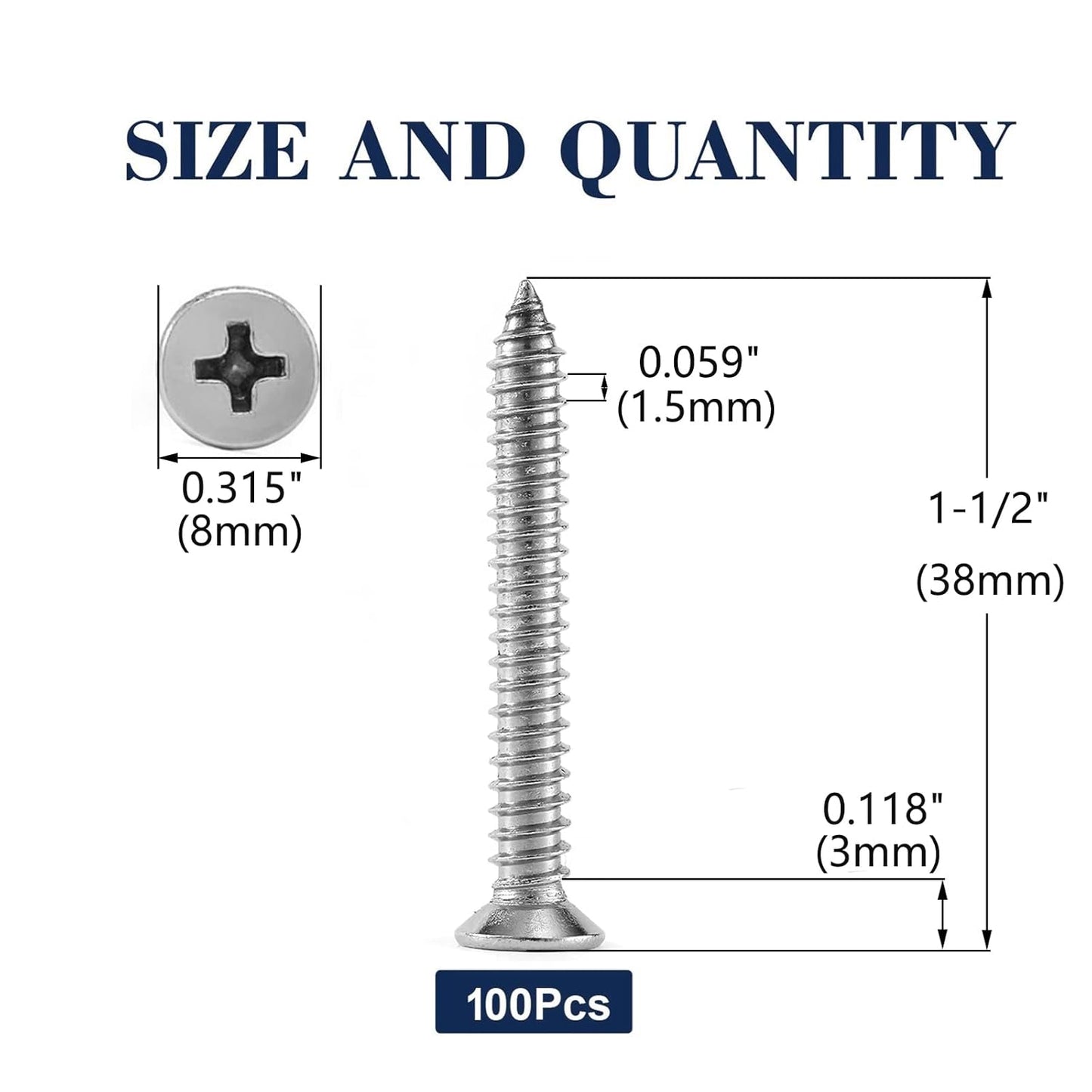 #8 x 1-1/2" Wood Screw 100Pcs 18-8 (304) Stainless Steel Screws Flat Head Phillips Fast Self Tapping Drywall Screws by SG TZH