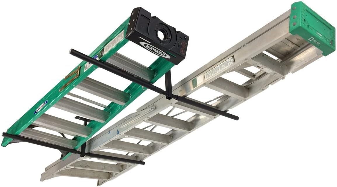 StoreYourBoard Double Ladder Ceiling Rack – Hi Port 2 Garage Ceiling Ladder Hanger | Adjustable Overhead Ladder Storage for Step & Extension Ladders | Garage Organization | Holds 150 lbs