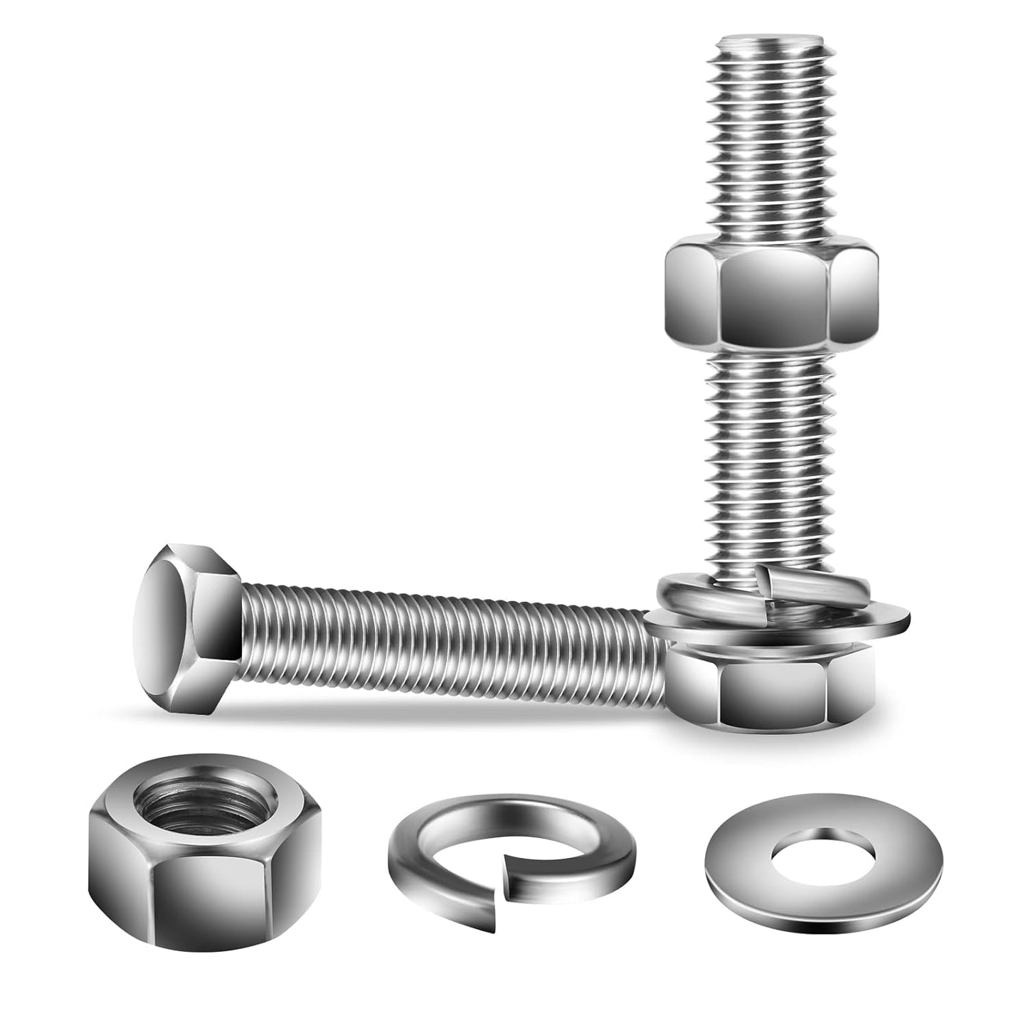 3/8-16 x 3" Hex Head Screw Bolt, Nuts, Flat & Lock Washers, 20Pcs 18-8 (304) Stainless Steel, Fully Threaded, by SG TZH
