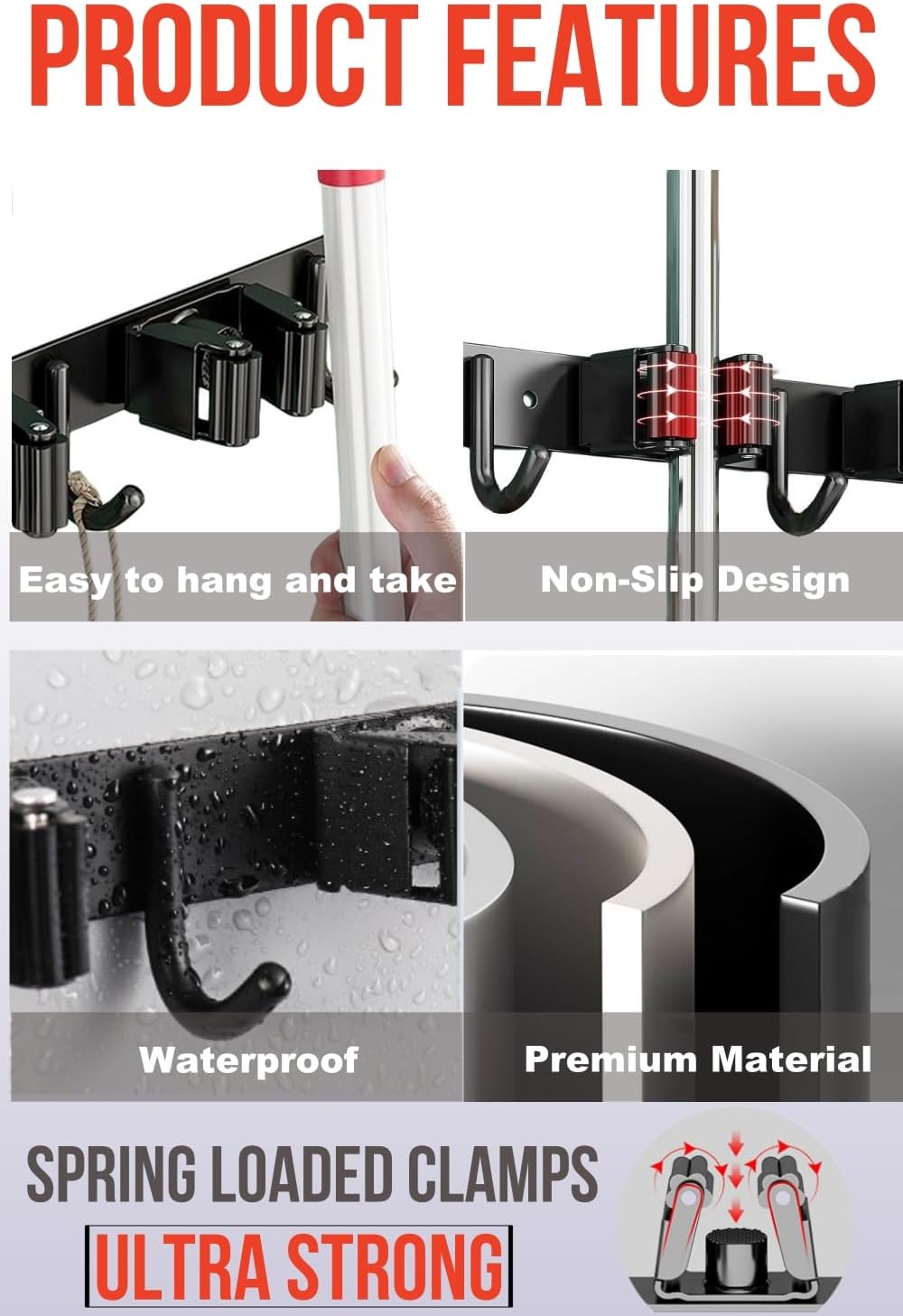 Mop and Broom Holder Wall Mount, Upgraded Broom Hanger Wall Mount, Stainless Steel Broom Organizer for Closet Garage Laundry Room Kitchen Wall Decor(5Racks 4Hooks Black)