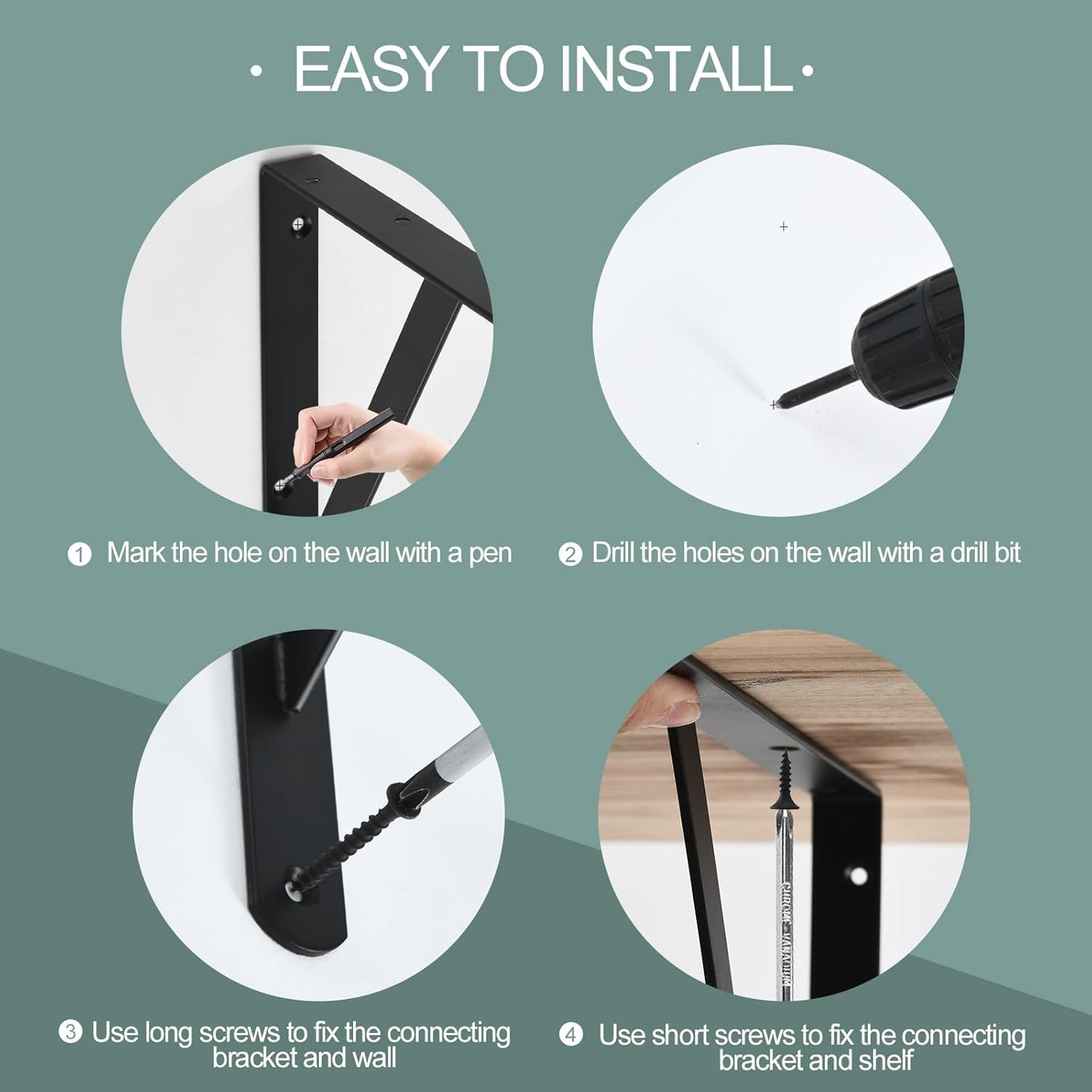 4 Pack L8 x H 6" Black Heavy Duty Shelf Brackets with Screws Metal Shelf Brackets Shelf Support Angle Brackets for Shelves L Brackets Heavy Duty Floating Shelf