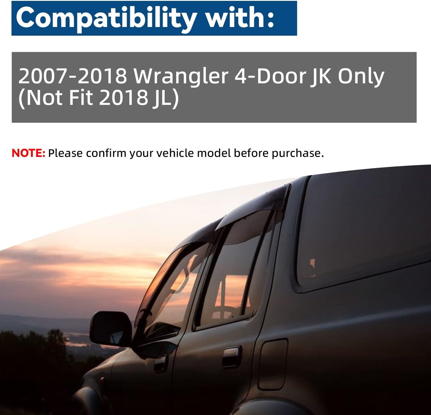 Set of 4 Front+Rear Smoke Sun/Rain Guard Outside Mount Tape-On Acrylic Window Visors Compatible with 07-18 Wrangler JK 4-Door