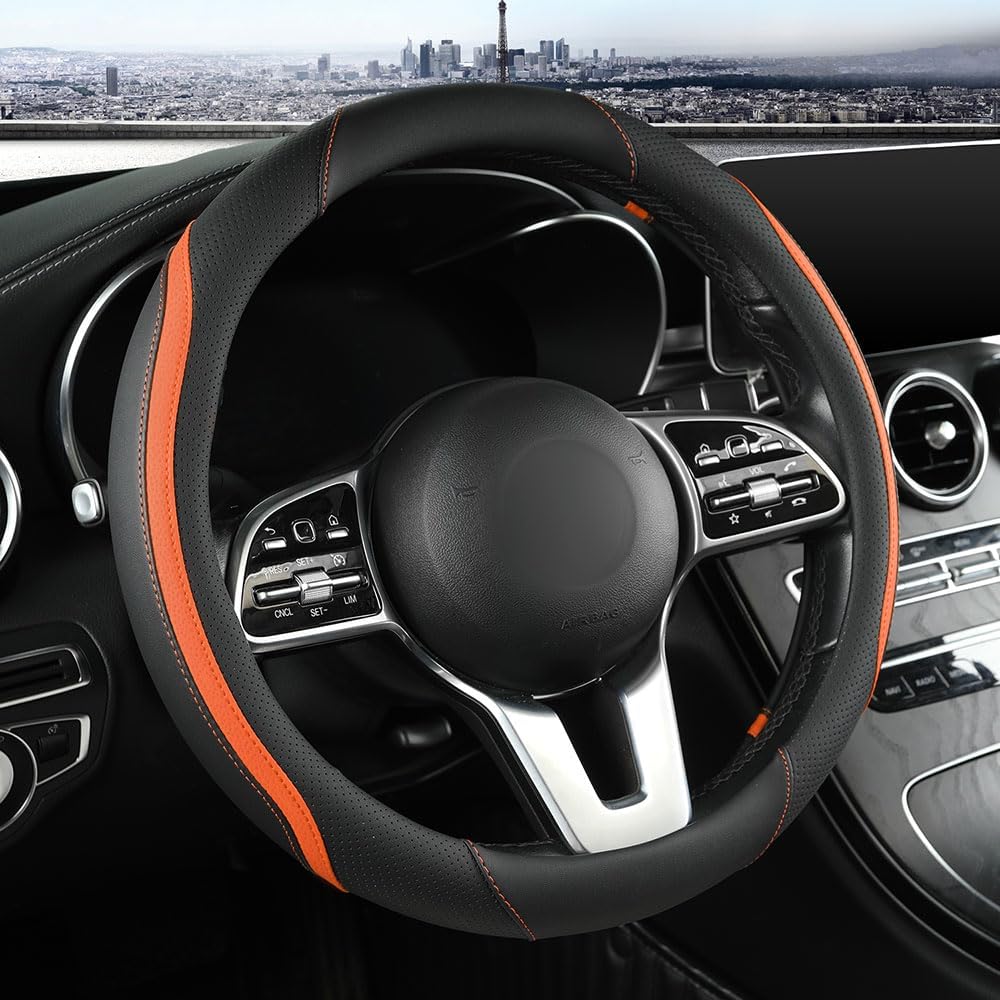 Car Steering Wheel Cover, Leather Steering Wheel Cover Orange Universal 14.5-15 Inch Microfiber Leather Anti-Slip Breathable Auto Steering Wheel Covers for Men Women (Black&Orange)