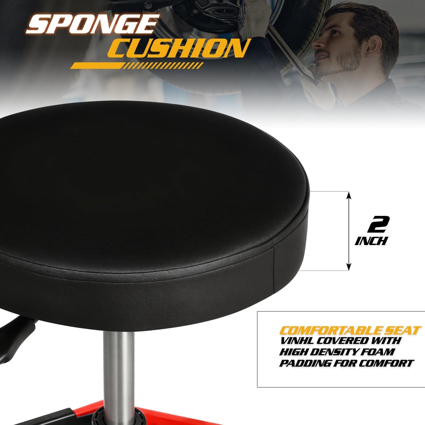 Magshion Adjustable Mechanics Stool with Wheels – 300 lbs Capacity Rolling Shop Stool for Garage & Workshop, Pneumatic Height Adjustable Work Chair with Tool Tray (Red)