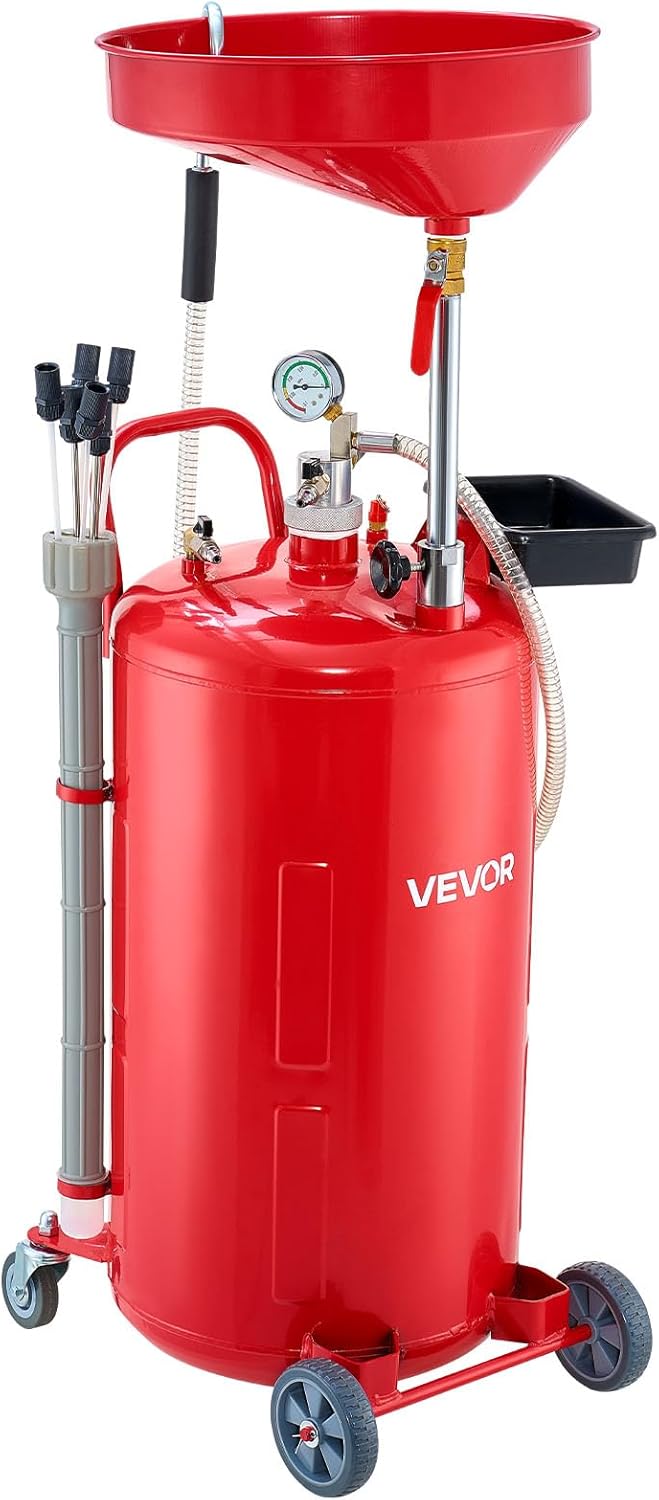 VEVOR 21 Gallon Waste Oil Drain Tank, Air Operated Portable Oil Drainer with Adjustable Funnel Height, Industrial Fluid Drain Tank with Wheels, Fluid Fuel Transfer Drainage for Auto Repair Shops, Red