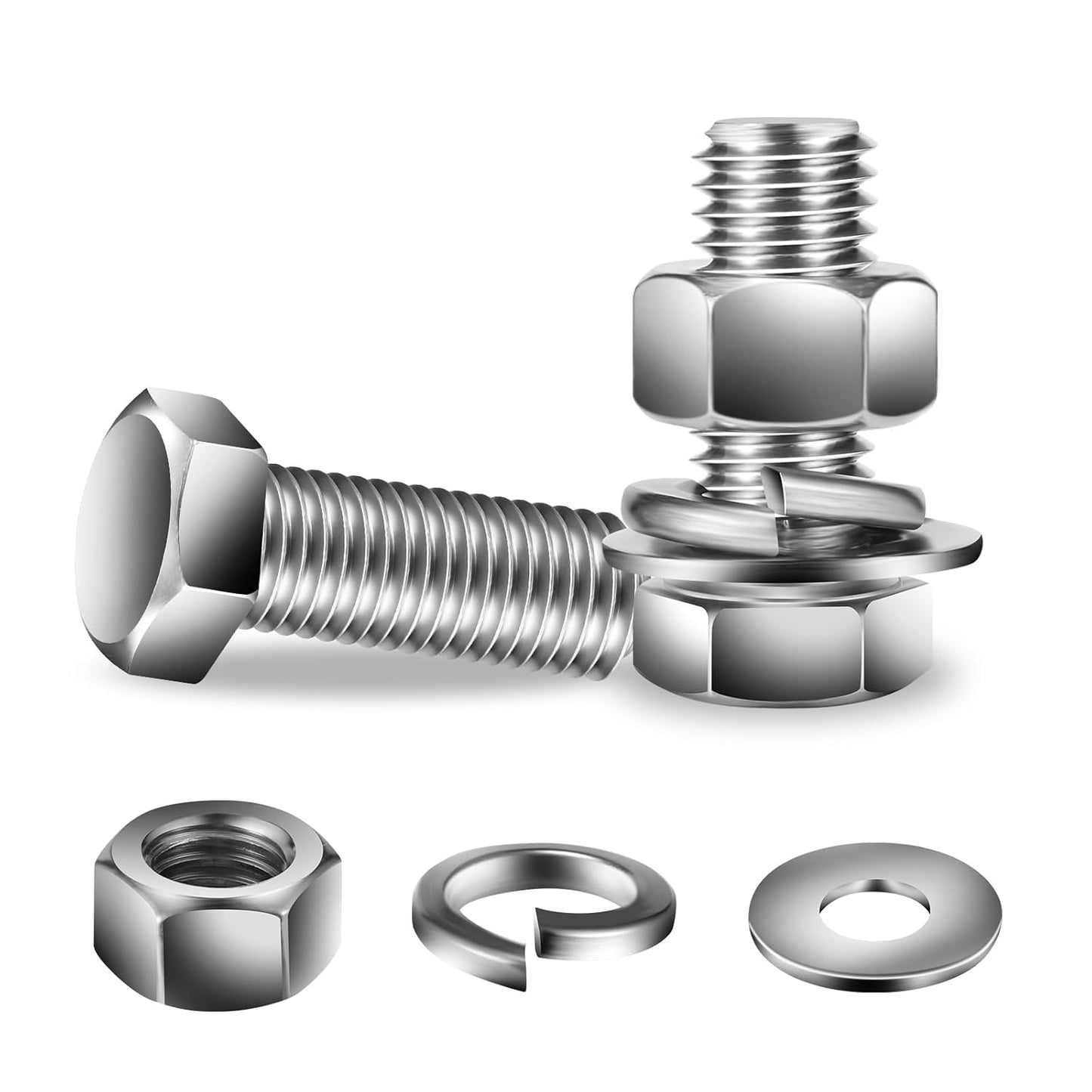3/8-16 x 1-1/4" Hex Head Screw Bolt, Nuts, Flat & Lock Washers, 20Pcs 18-8 (304) Stainless Steel, Fully Threaded, by SG TZH