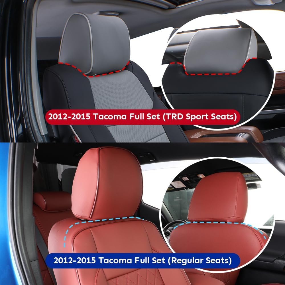 EKR Custom Fit Tacoma Leather Car Seat Covers for Select Toyota Tacoma 2012 2013 2014 2015 (TRD Sport Seats)- Full Set,Leather(Black)