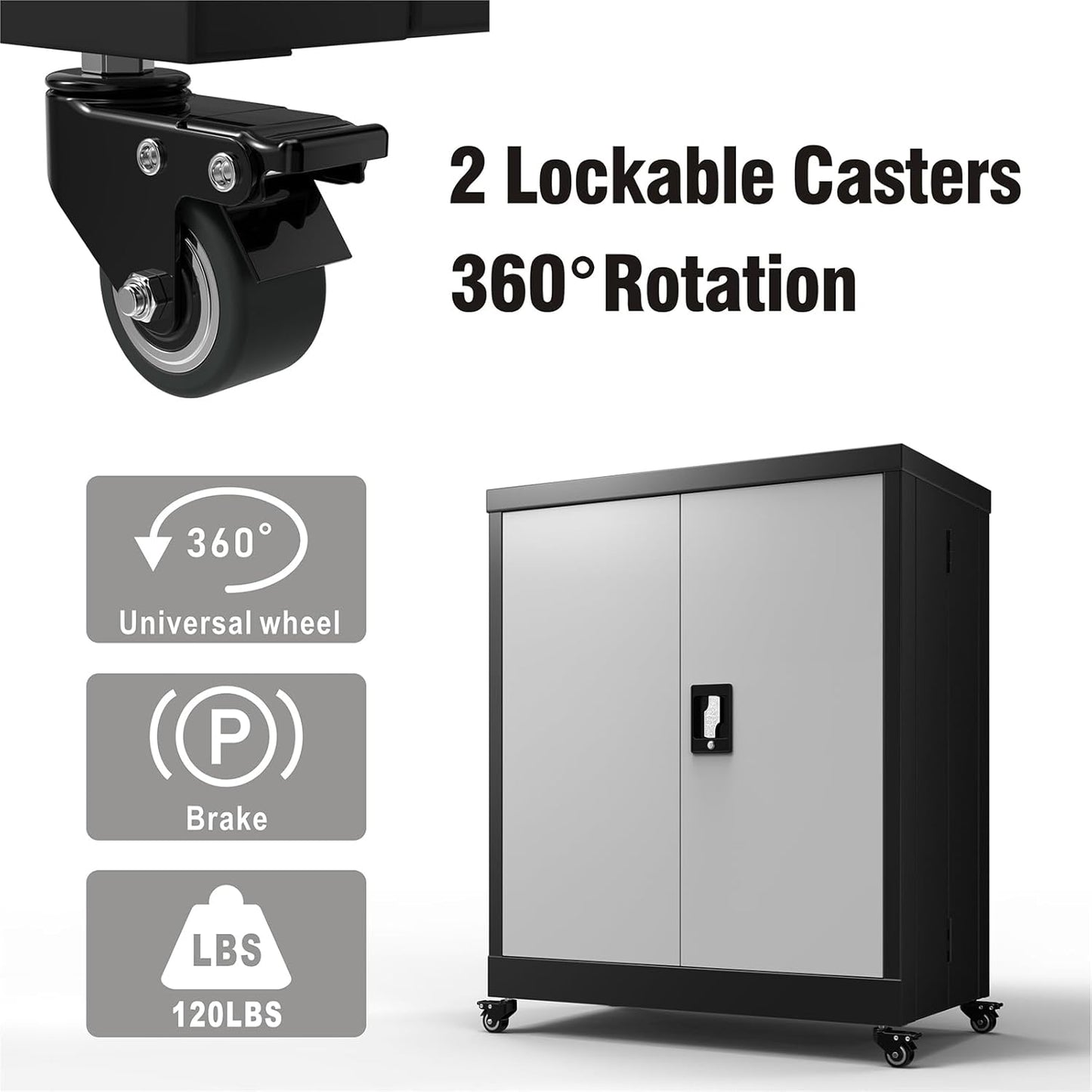 LUCYPAL Metal Storage Cabinet with 2 Doors,Steel Storage Cabinet with Adjustable Shelves and Wheels,Locking Tool Cabinets for Office,Home,Garage,Black&Grey 31.5" H