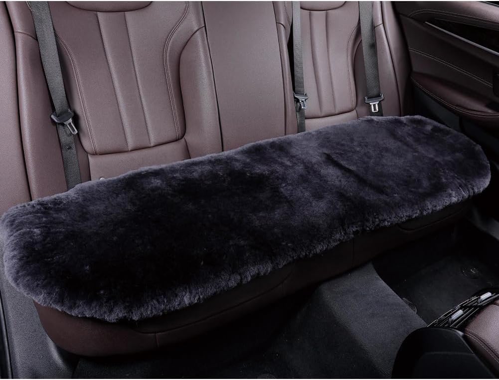 Fuzzy Genuine Sheepskin Car Back Seat Cover for Auto Bench Interior Accessories with Soft Australia Fluffy Wool Natural Fur Non-Slip (Carbon Black, Back)