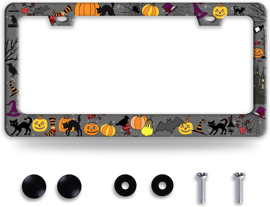 Halloween Pumpkin Cat License Plate Frame Bat Spider License Plate Holder Funny Stainless Steel Accessories Cars Decor with 2 Holes and Screws Fits Standard Us Ca Vehicles 12.2 X 6 Inch