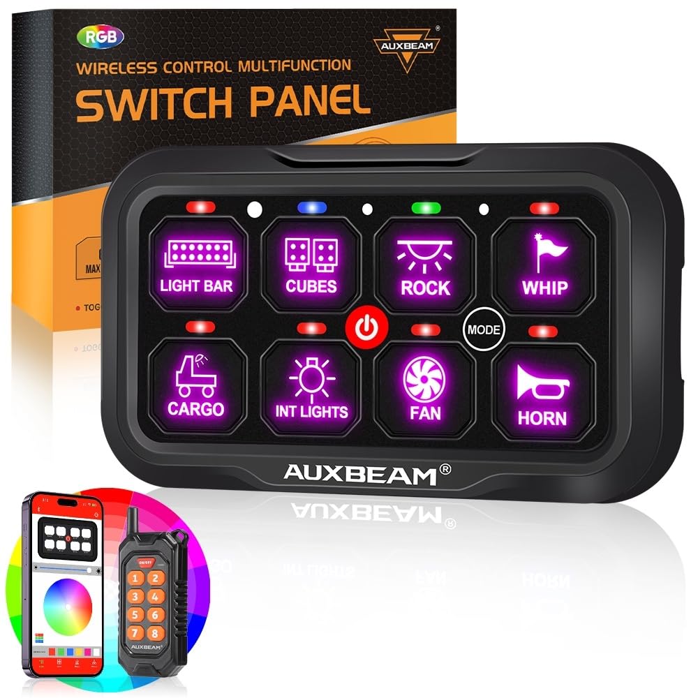 Auxbeam 8 Gang Switch Panel Bluetooth RGB AC-800 with APP&Remote Control Toggle Momentary Pulsed Switch Pod Off Backlight for Truck Offroad UTV ATV Car Marine 12-24V Waterproof 2 Years Warranty