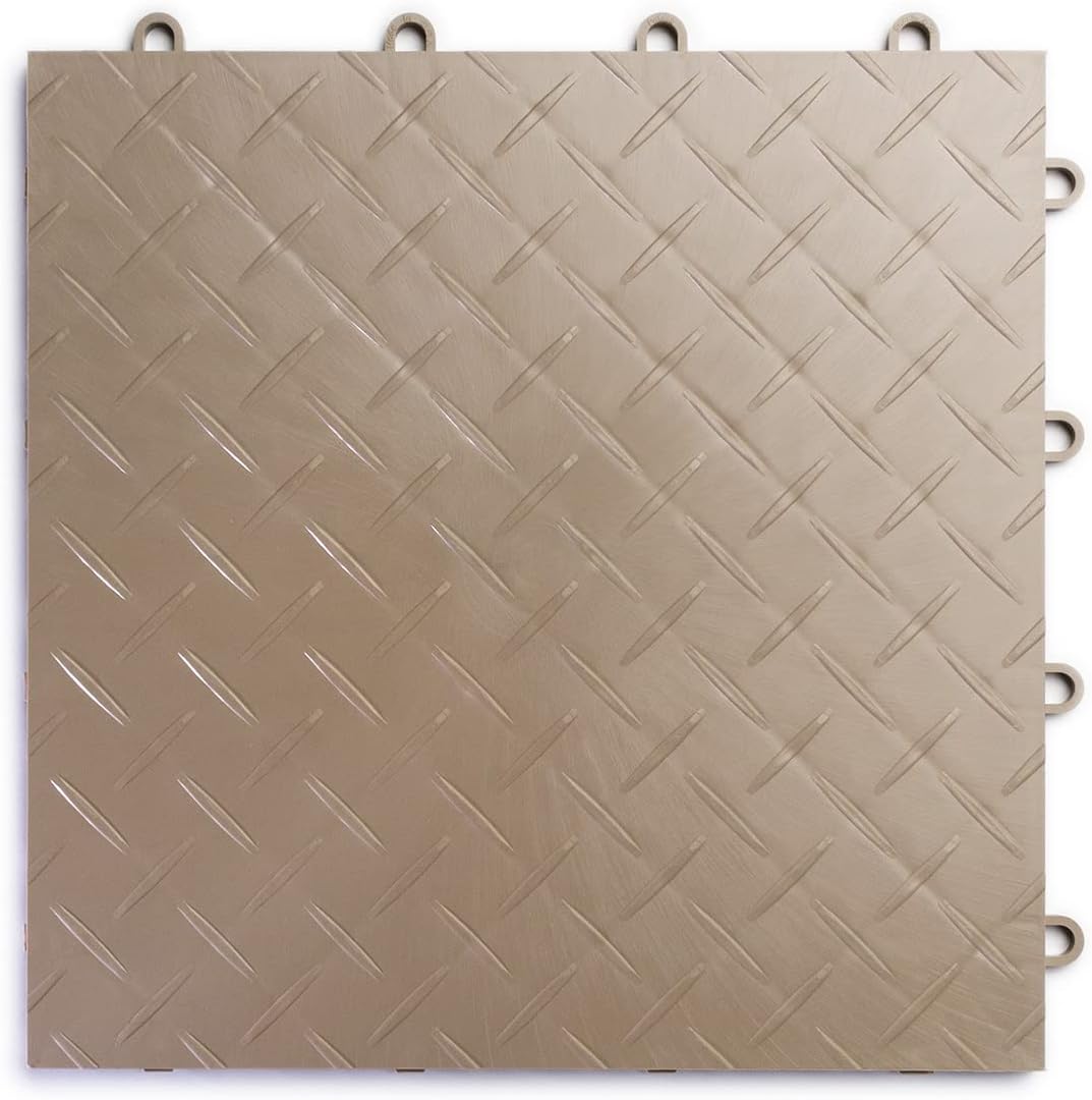 Big Floors RaceDeck Diamond Plate Design, Durable Interlocking Modular Garage Flooring Tile (Beige, 24 Pack of 12 x 12" Tiles)