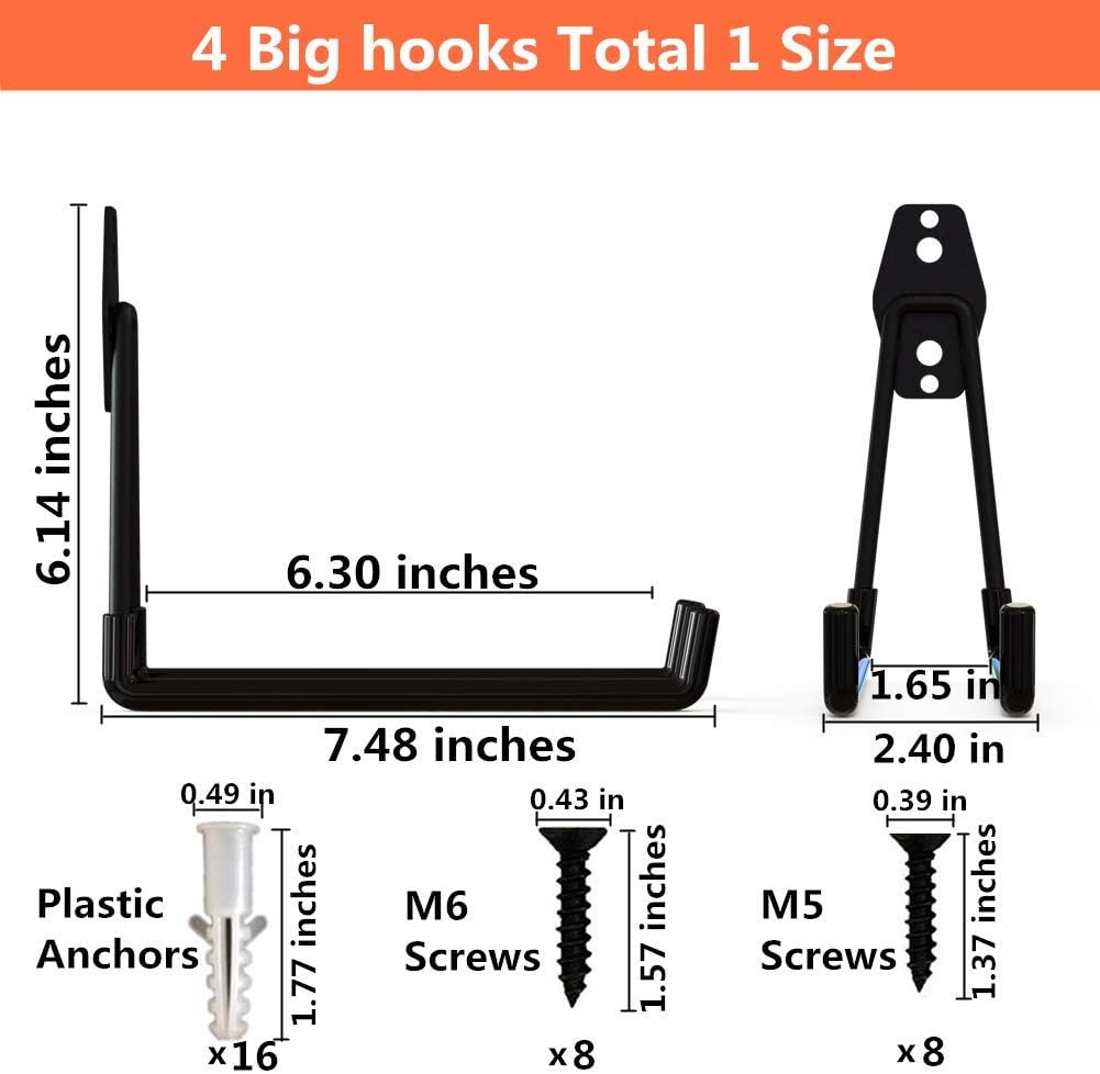 Wall Mount Heavy Duty Double Utility Tools Hooks with Anti-Slip Coating for Garage Storage Organizer Shovels Chair Hose, Pack of 4